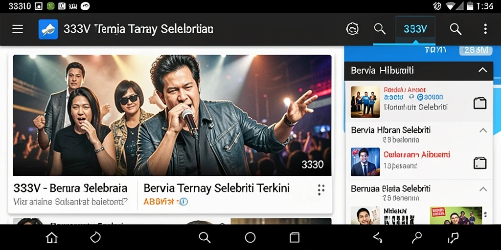 Antarmuka aplikasi 333V menampilkan berita selebriti yang menarik.
