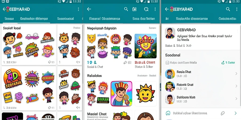 Tampilan antarmuka pengguna GEBYAR4D yang menampilkan koleksi stiker kreatif.