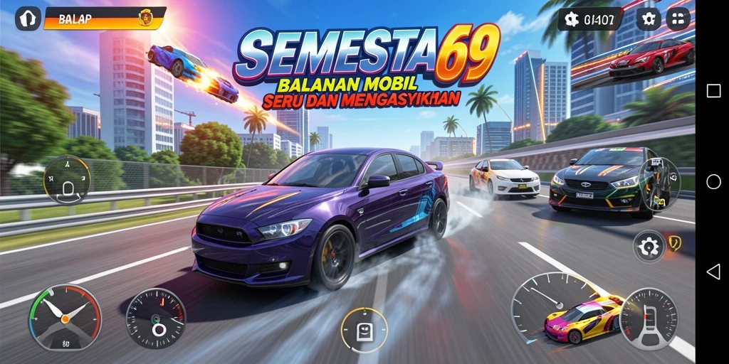 Tampilan antarmuka SEMESTA69 dengan grafik balap mobil yang menarik.